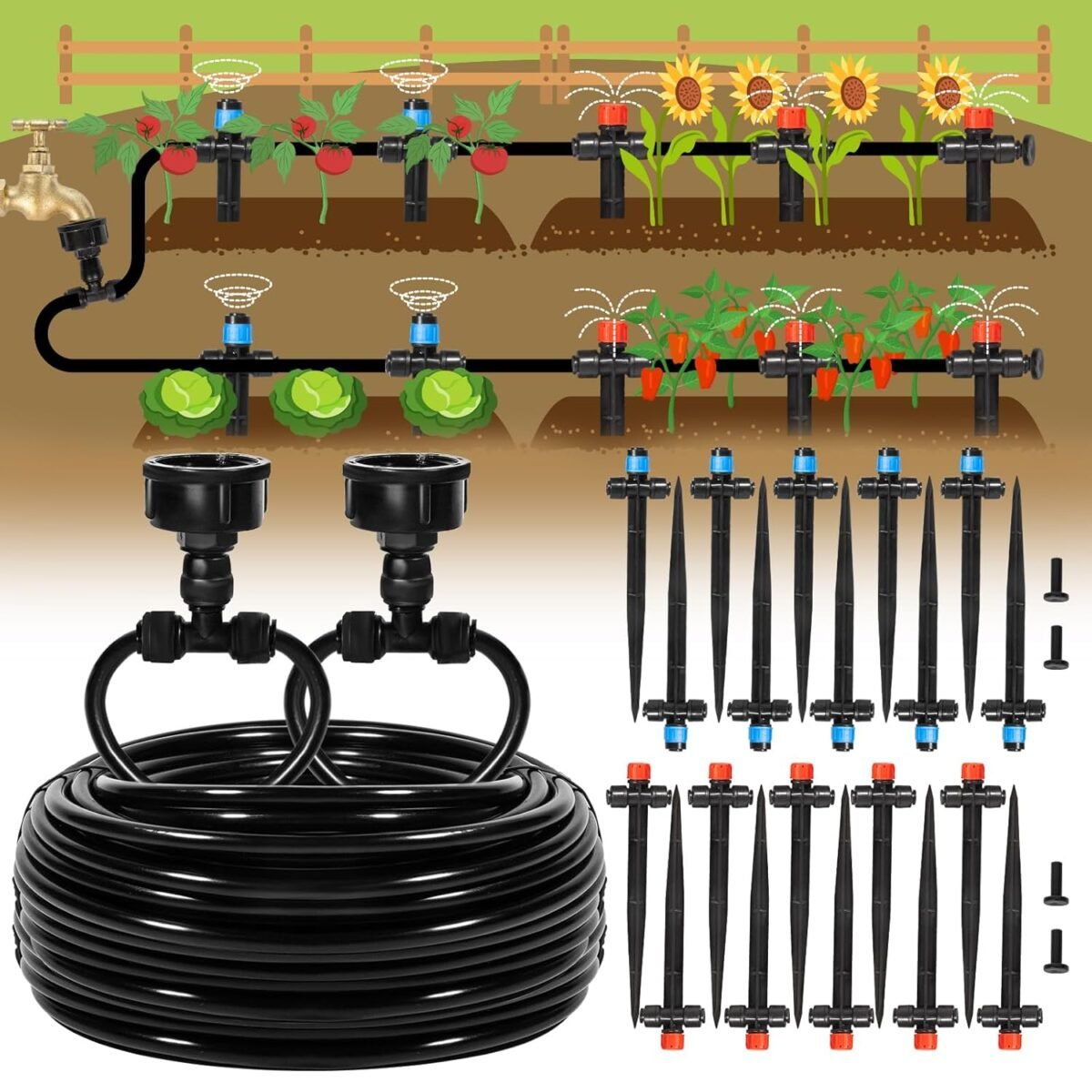 110FT Quick-Connect Drip Irrigation Kit, Garden Watering System DIY Automatic Irrigation Equipment Set for Lawn Raised Bed Greenhouse Plant Watering with 1/4'' Tubing, Drip Emitters, Connectors - Image 2
