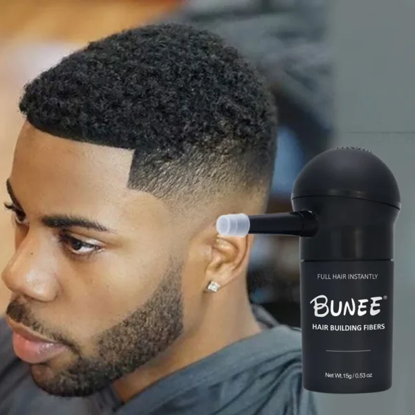 “BUNEE Hair Fiber Set 15g: Men’s natural hair-dense fibers for balding areas, fills part lines, includes 15g fiber powder