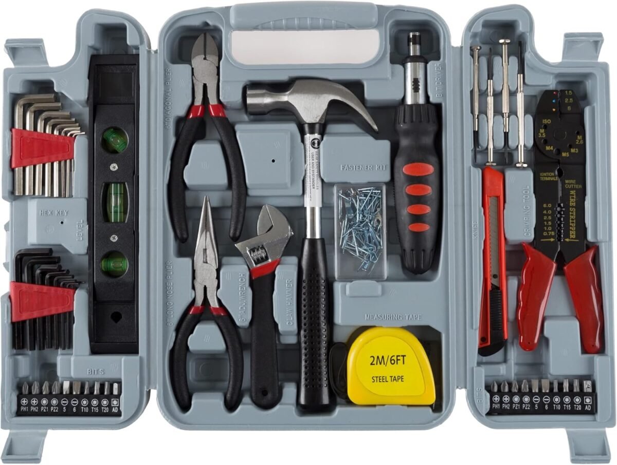130 piece tool set tool kit with hammer wrenches screwdriver pliers and more hand tools for home improvement projects by stalwart gray.jpg