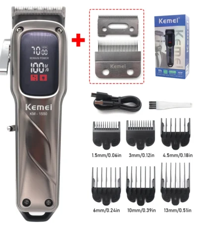 Kemei KM-1550 Professional Hair Clipper for Men LED Display Low Noise Cordless USB Interface Hair Cutting Machine Hair Trimmer