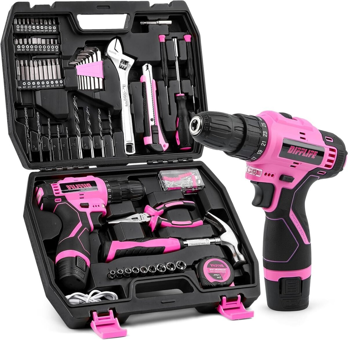 147 piece pink power drill drivers tool set with 12v cordless drill professional household home tools kit set diy pink electric drill cordless hand tool box for women.jpg