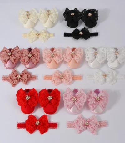 1Set Cute Lace Big Bowknot Pearl Baby Shoes Headband Newborn Toddler Prewalker Shoes Solid Floor Socks Girls Boys Socks Headwear 1