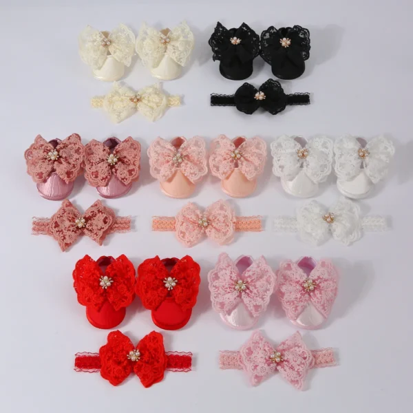 1Set Cute Lace Big Bowknot Pearl Baby Shoes Headband Newborn Toddler Prewalker Shoes Solid Floor Socks Girls Boys Socks Headwear