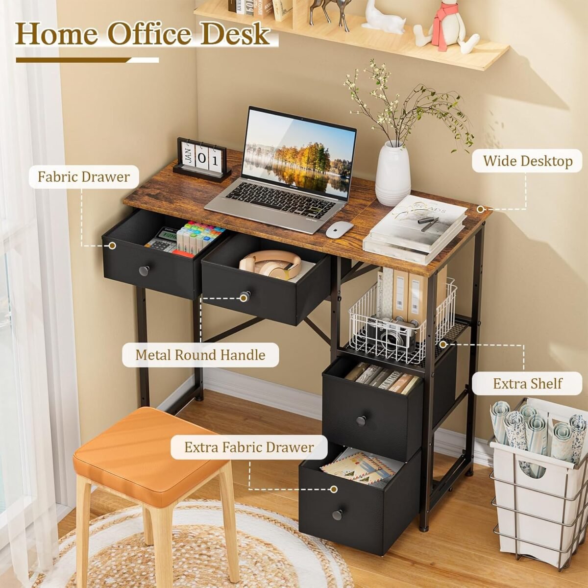 1752418619 small computer desk with 4 fabric drawers simple writing desk for home office compact study desks for small spaces kids desk study for bedroom rustic brown.jpg