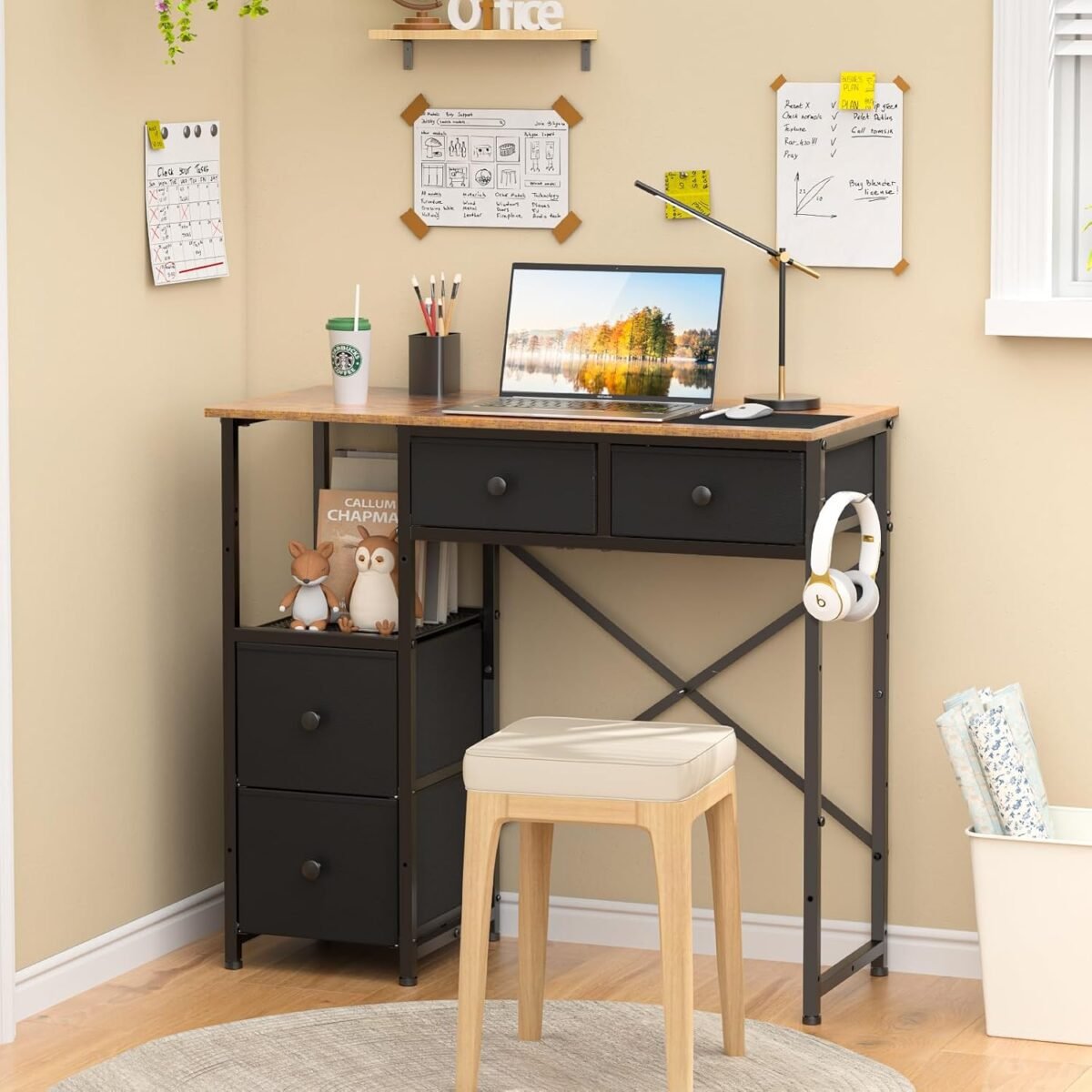 1752418626 small computer desk with 4 fabric drawers simple writing desk for home office compact study desks for small spaces kids desk study for bedroom rustic brown.jpg