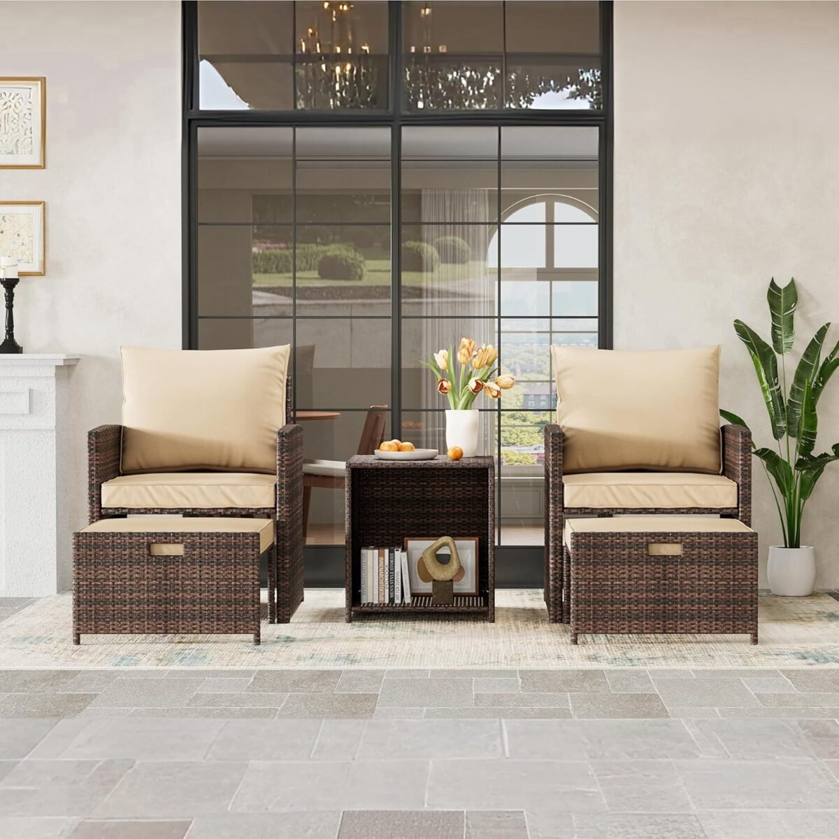 1752491466 5 piece high back patio conversation set with 2 ottomans and table all weather pe rattan lounge chairs with soft cushions perfect for balcony porch garden and poolside.jpg