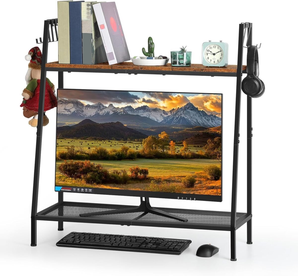 1752496958 desktop shelf organizer 2 tier desk shelf for top of desk small desktop monitor stand riser with 5 hooks for home office dorm kitchen rustic brown.jpg