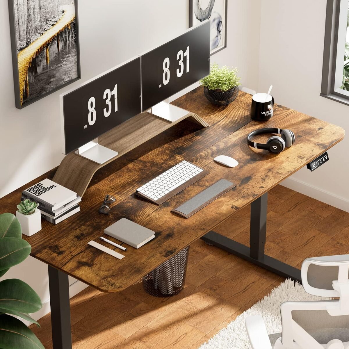 1752501290 yeshomy height adjustable electric standing desk 55 inch computer table home office workstation black legrustic brown top.jpg