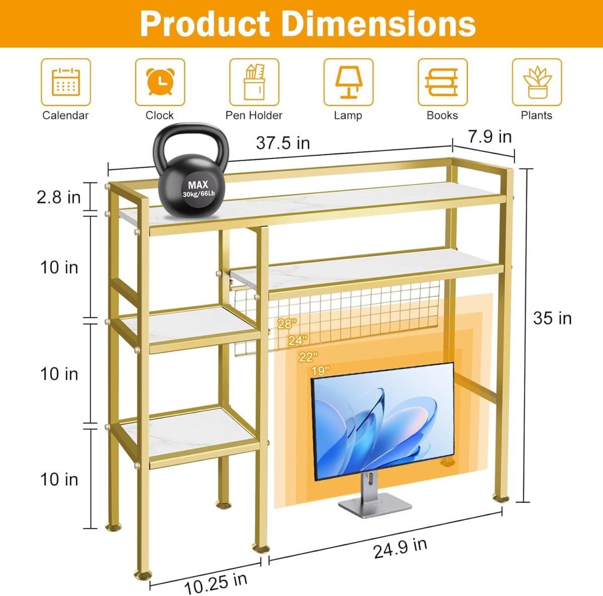 1752502186 desk shelf，37.5 desk shelves and desk organizer shelf，4 tier riser storage rack，modern desk hutch for home office dorm，iron and wood gold.jpg