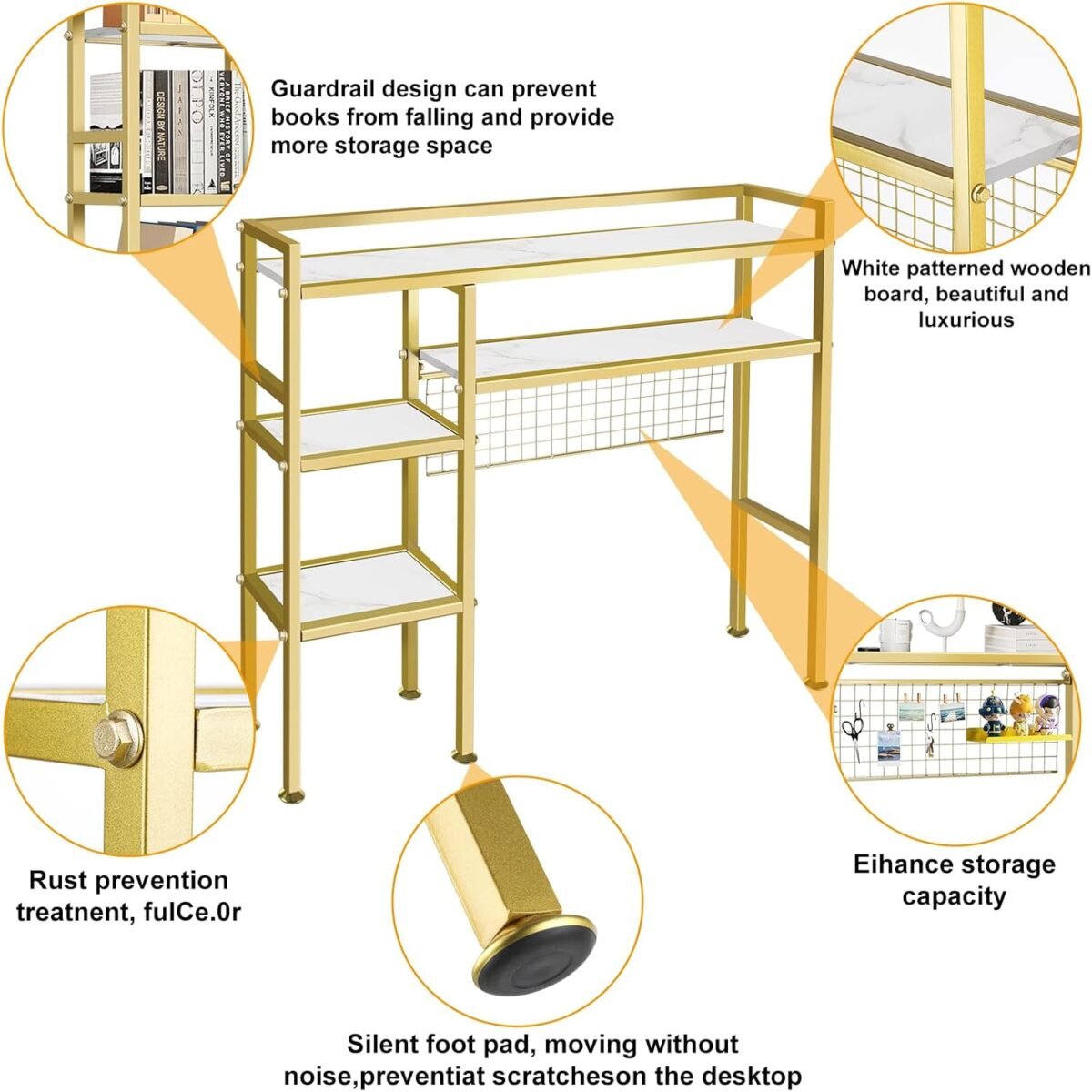 1752502188 desk shelf，37.5 desk shelves and desk organizer shelf，4 tier riser storage rack，modern desk hutch for home office dorm，iron and wood gold.jpg
