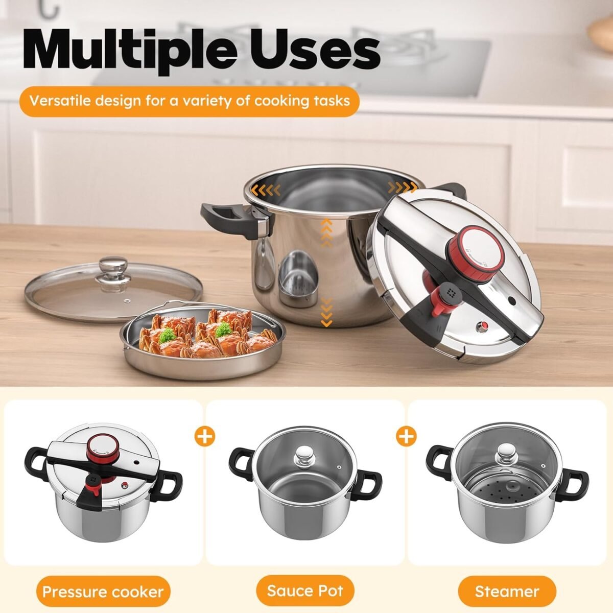 1752508797 breerainz 8.45qt 304 stainless steel pressure cooker 3 stage psi settings one hand lockingexplosion proof pot wextra glass lid timer steaming rackinduction compatible.jpg