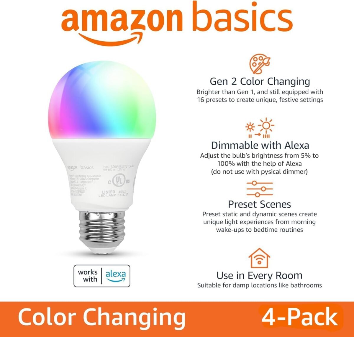 1752593869 amazon basics smart a19 led light bulb color changing 9w 60w equivalent 800lm works with alexa only 2.4 ghz wi fi no hub required 4 pack.jpg