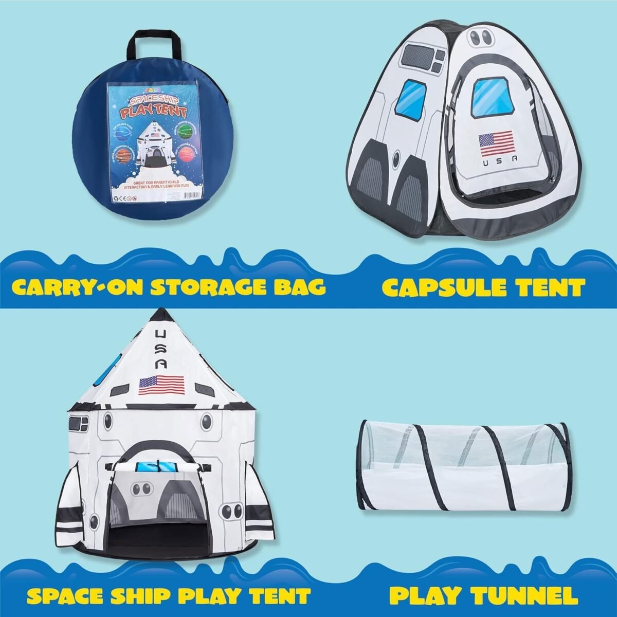 1752599620 joyin white rocket ship pop up play tent with tunnel and playhouse kids indoor outdoor spaceship tent set.jpg
