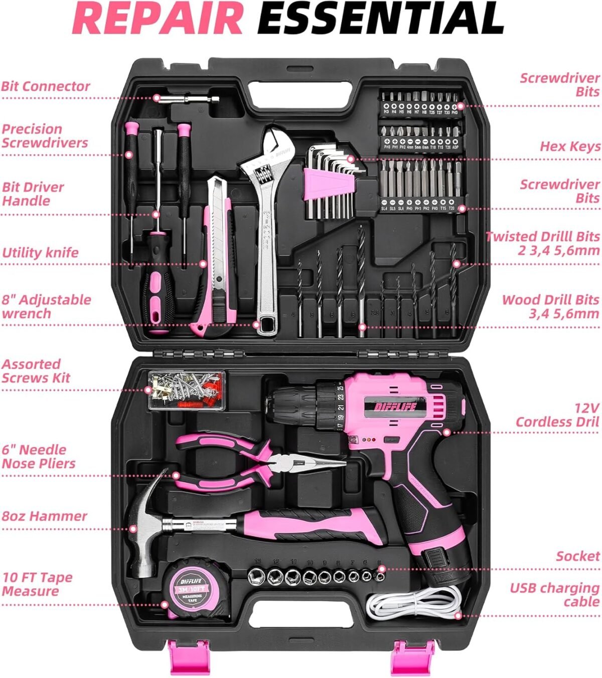 1752608551 147 piece pink power drill drivers tool set with 12v cordless drill professional household home tools kit set diy pink electric drill cordless hand tool box for women.jpg