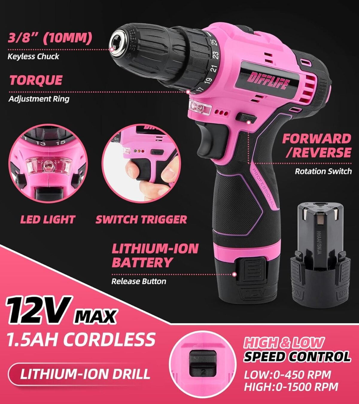 1752608553 147 piece pink power drill drivers tool set with 12v cordless drill professional household home tools kit set diy pink electric drill cordless hand tool box for women.jpg