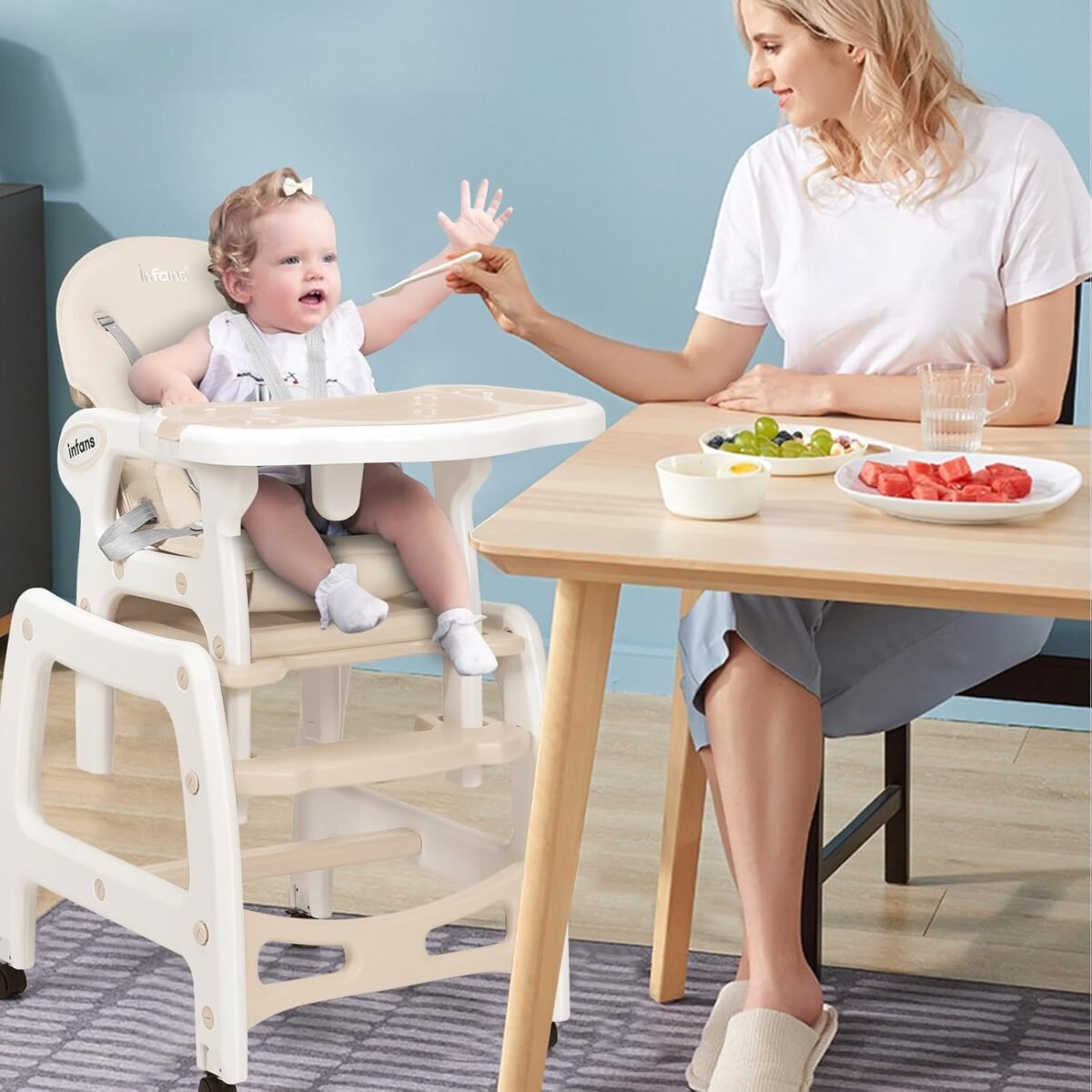 1752631828 infans 5 in 1 baby high chair convertible toddler table chair set rocking chair multi function seat with lockable universal wheels adjustable seat back removable trays.jpg