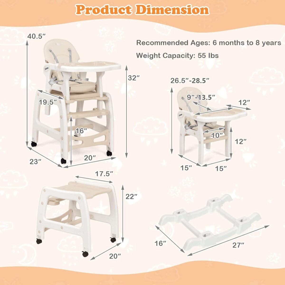 1752631834 infans 5 in 1 baby high chair convertible toddler table chair set rocking chair multi function seat with lockable universal wheels adjustable seat back removable trays.jpg