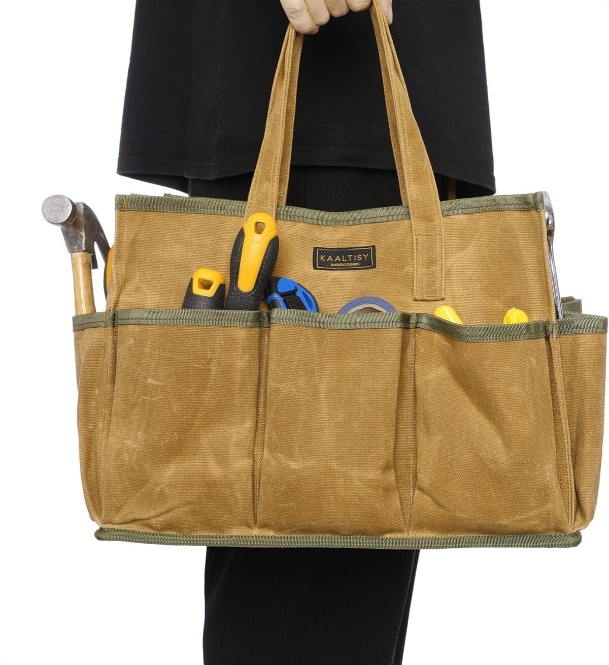 1752649740 16oz waxed canvas tool tote bag large capacity tool storage tote with 10 external pockets multi purpose garden tool carrier for gardening wrench and carpentry tools – khaki.jpg