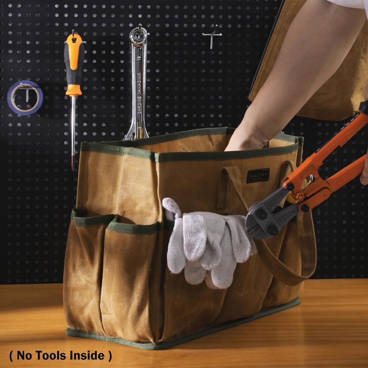 1752649741 16oz waxed canvas tool tote bag large capacity tool storage tote with 10 external pockets multi purpose garden tool carrier for gardening wrench and carpentry tools – khaki.jpg
