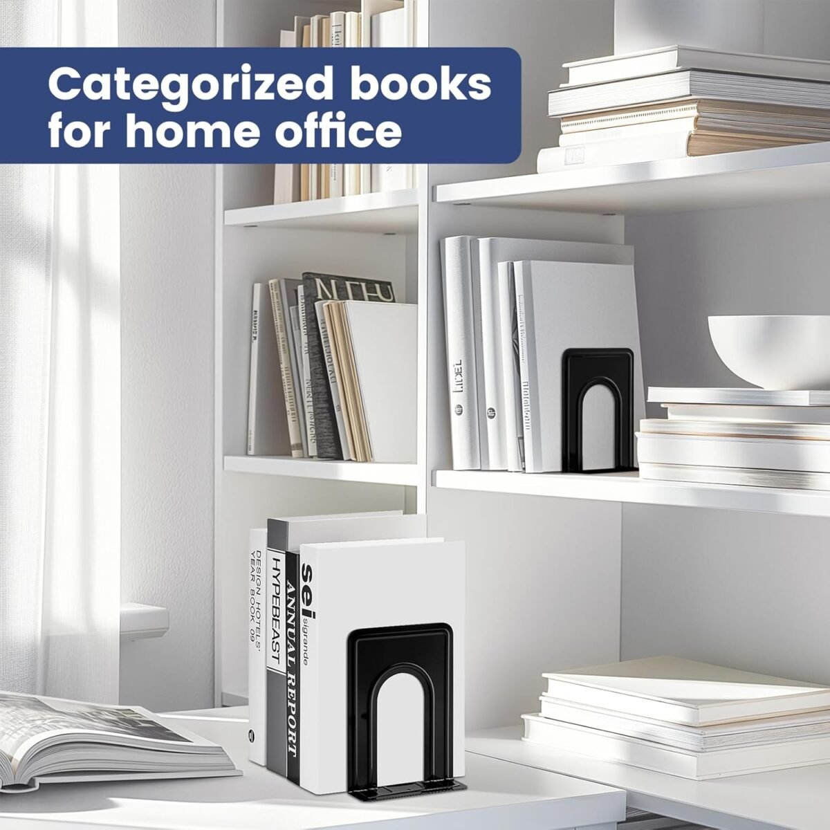 HappyHapi Book Ends, Non-Skid Metal Bookend Supports for Shelves, Heavy Duty Book End, Office Book Stopper, 6 x 5 x 6 Inches, 14 Pieces / 7 Pairs (Black) - Image 7