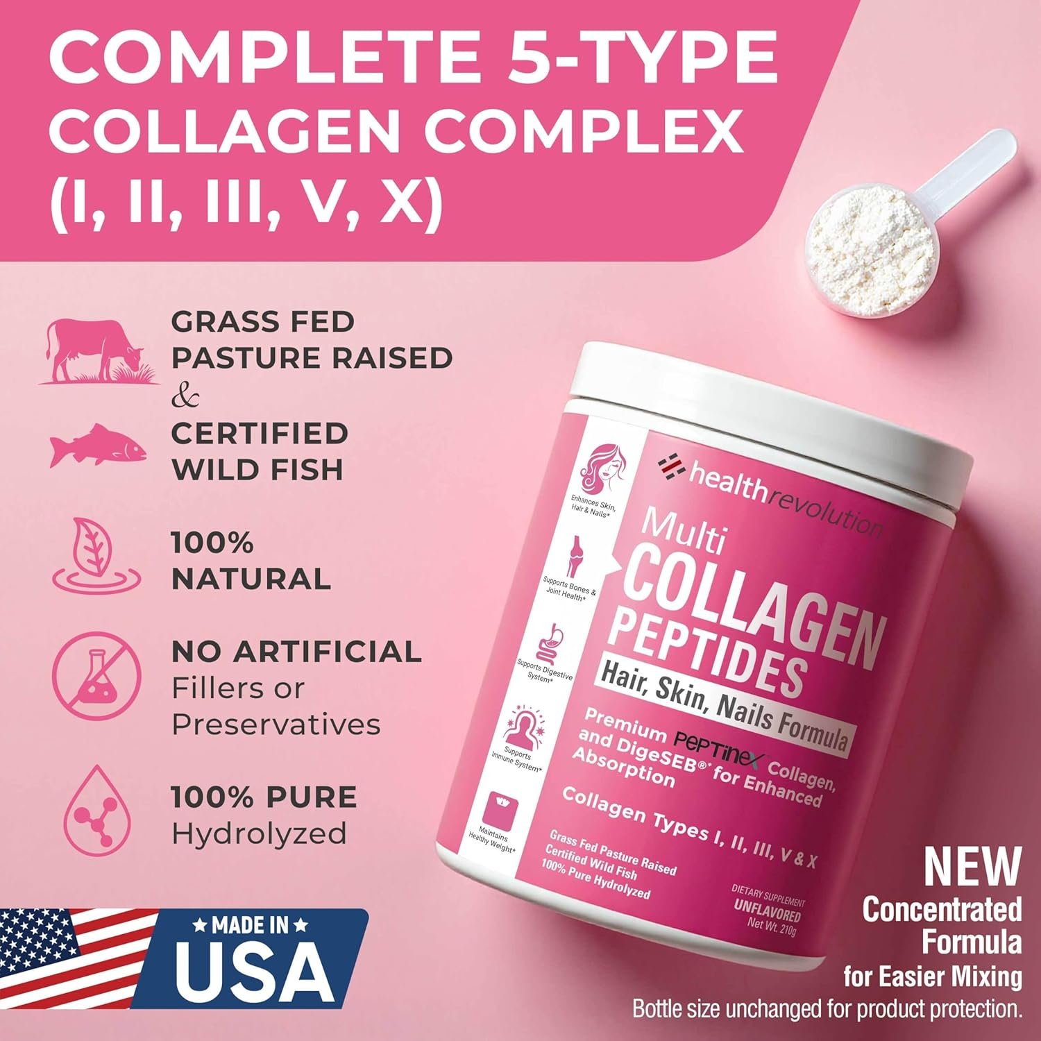 Multi Collagen Protein Powder, Type I, II, III, V, X - 5 Hydrolyzed Collagen Peptides, Skin, Hair, Nails & Joints, Triple Refined for Easy Mixing, 99% Absorption Rate, Non-GMO, Gluten-Free, Unflavored - Image 3