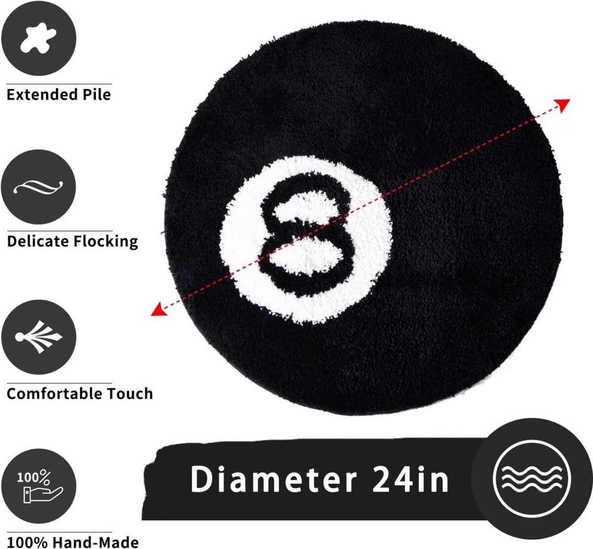 8 Ball Rug - 24 inch Black Round Carpet Billiard Pool 8 Ball Carpet, Non-Slip Flocking Floor Bath Mat for Living Room Decor, Alt Room Decor Soft Y2K Rug Hypebeast Doormat for Bedroom - Image 5