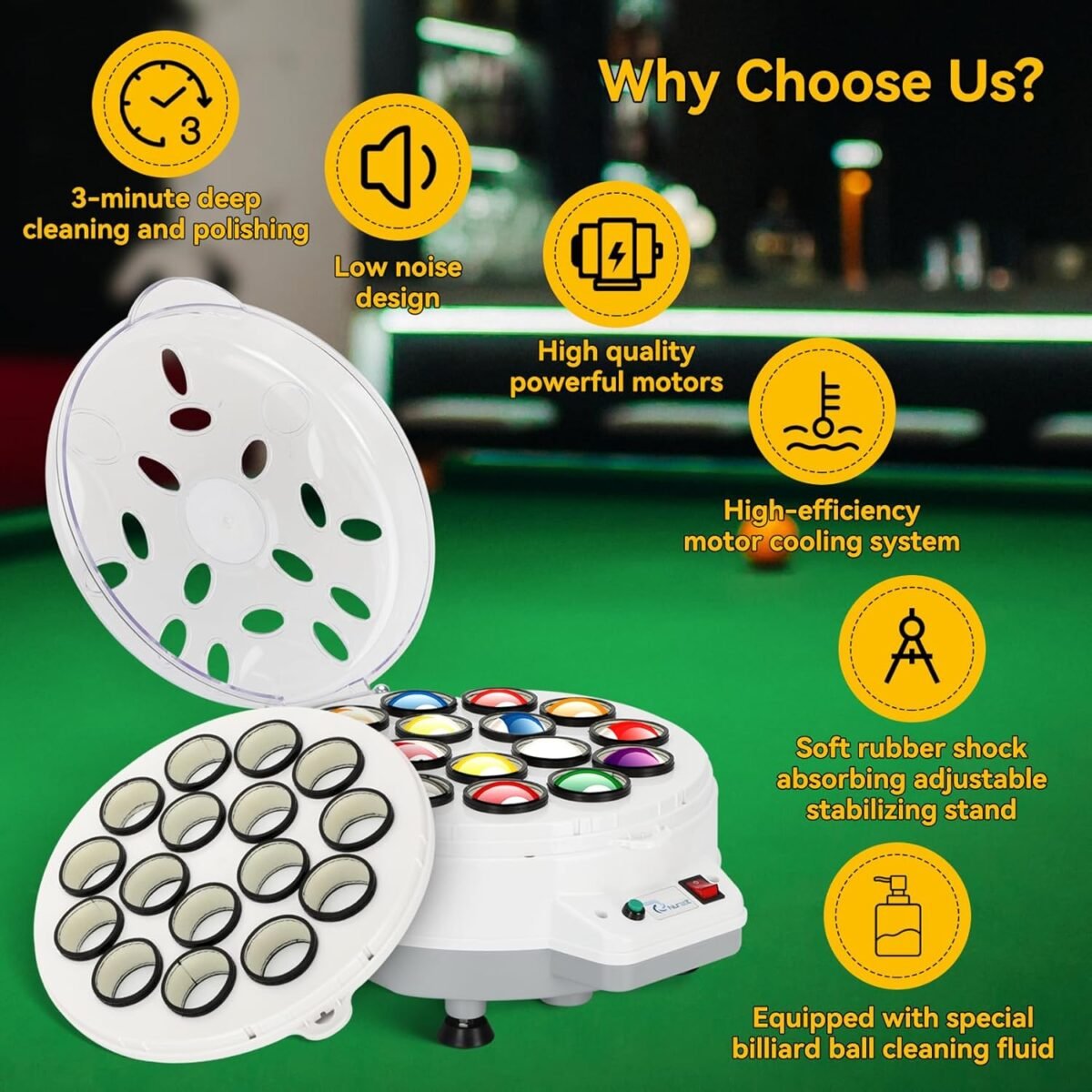 Upgraded Billiard Ball Cleaner and Polisher, Billiard Ball Cleaner, Pool Ball Cleaner for 16 Billiard and Snooker, Balls British and American Dual Use 110V, Automatic Pool Ball Cleaner - Image 5