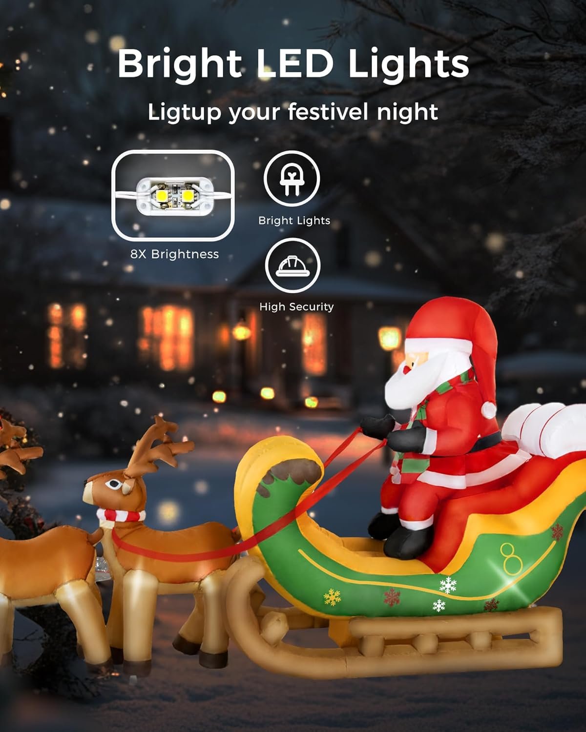 8ft Inflatable Santa on Sleigh with 2 Reindeer - Outdoor Christmas Decorations 2025, Light-Up Blow Up Santa for Yard, Garden, Lawn Decor, Xmas Holiday Inflatable for Outdoor Decoration - Image 4