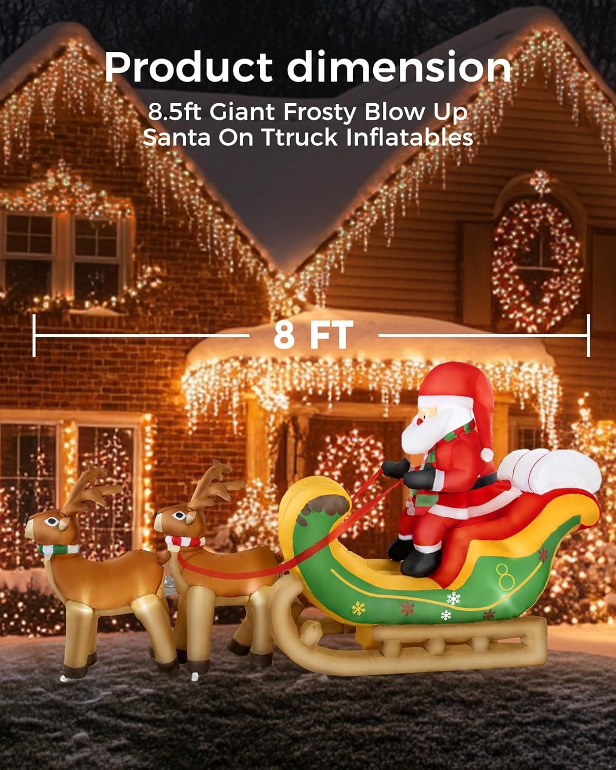 8ft Inflatable Santa on Sleigh with 2 Reindeer - Outdoor Christmas Decorations 2025, Light-Up Blow Up Santa for Yard, Garden, Lawn Decor, Xmas Holiday Inflatable for Outdoor Decoration - Image 8