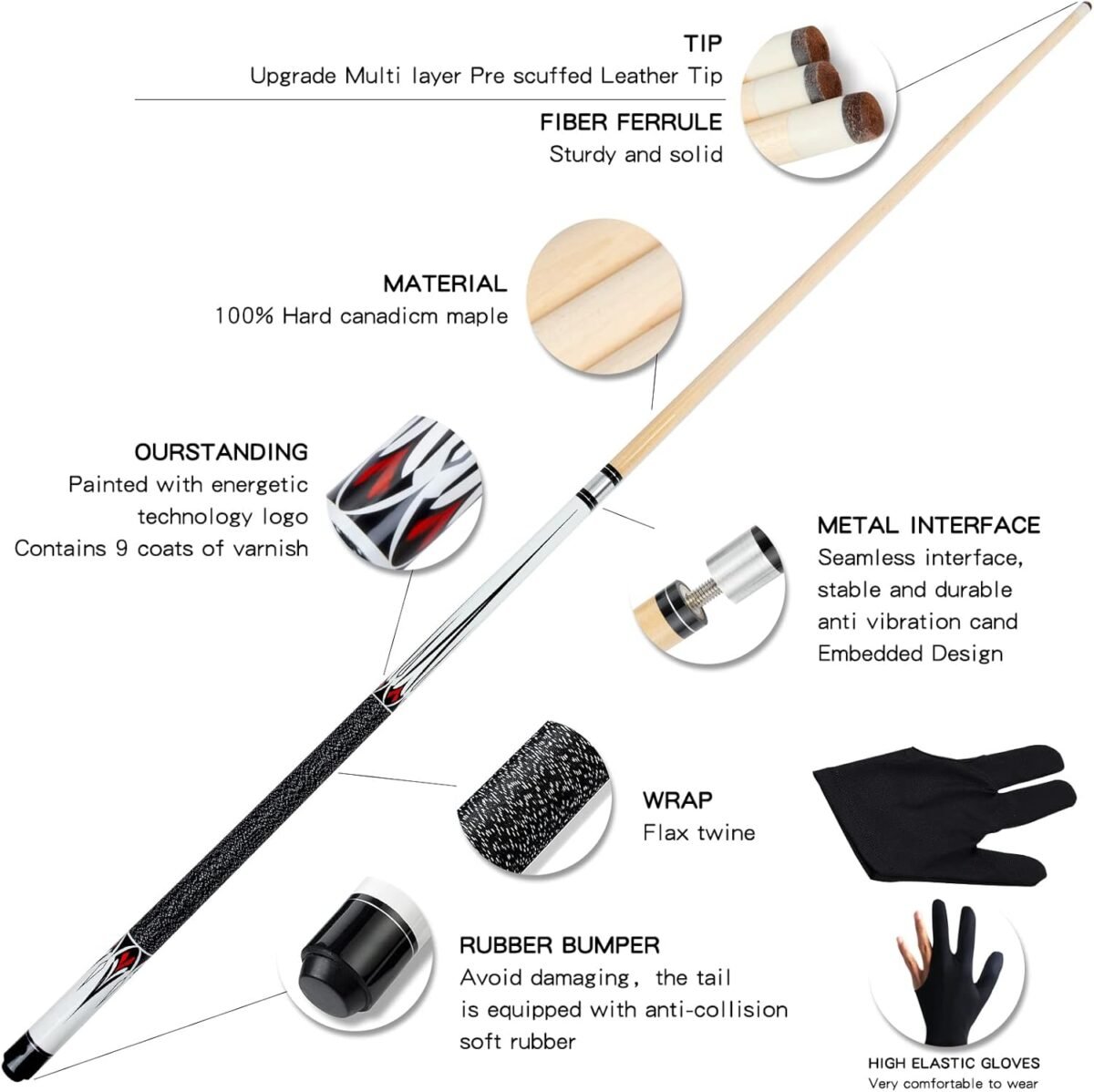 Pool Cue Stick - 58 inch Maple Billiard Pool Stick, 19/20/21 oz 1/2 Maple Pool Cue Stick Kit, 2-Piece Billiard Pool Cue Stick - Image 3