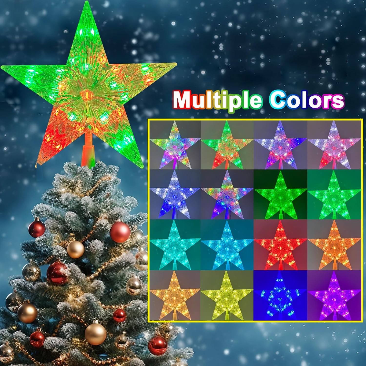 9" Christmas Tree Topper Star, RGB LED Lighted Star Tree Topper w/Remote Control, 128 Light Modes, Dimmable, Timer, USB Plug in, Color Changing Treetop for Xmas Holiday Party Gift Decorations - Image 3