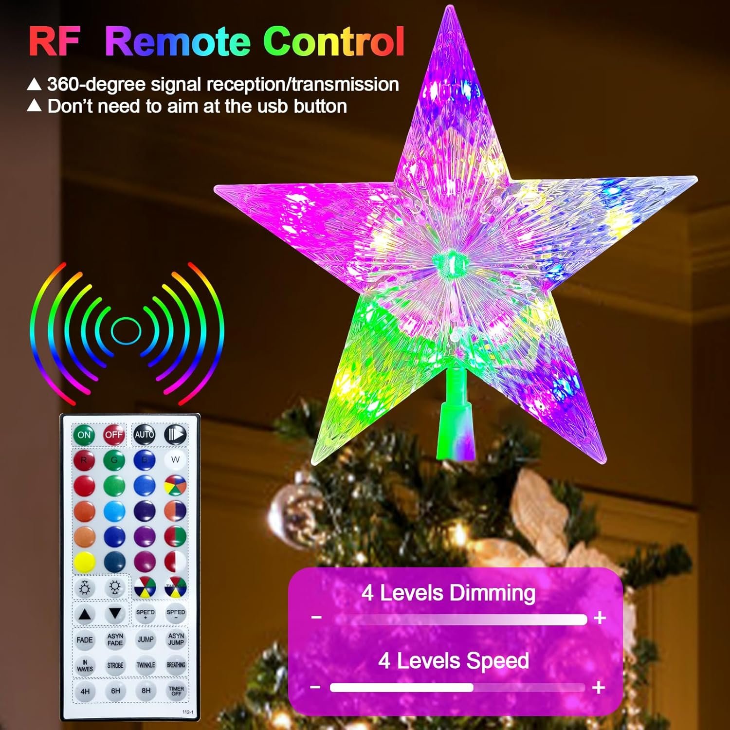 9" Christmas Tree Topper Star, RGB LED Lighted Star Tree Topper w/Remote Control, 128 Light Modes, Dimmable, Timer, USB Plug in, Color Changing Treetop for Xmas Holiday Party Gift Decorations - Image 4