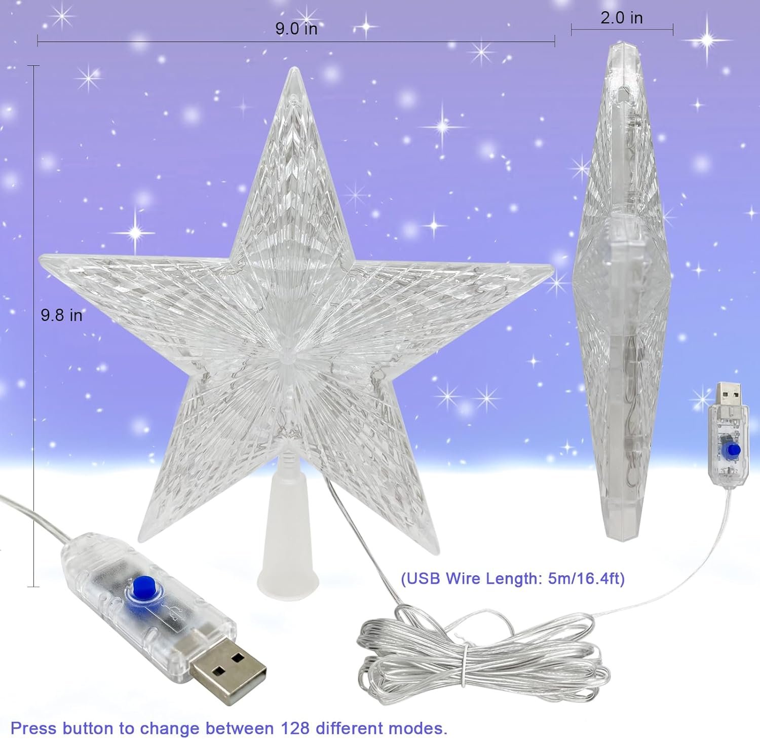 9" Christmas Tree Topper Star, RGB LED Lighted Star Tree Topper w/Remote Control, 128 Light Modes, Dimmable, Timer, USB Plug in, Color Changing Treetop for Xmas Holiday Party Gift Decorations - Image 6
