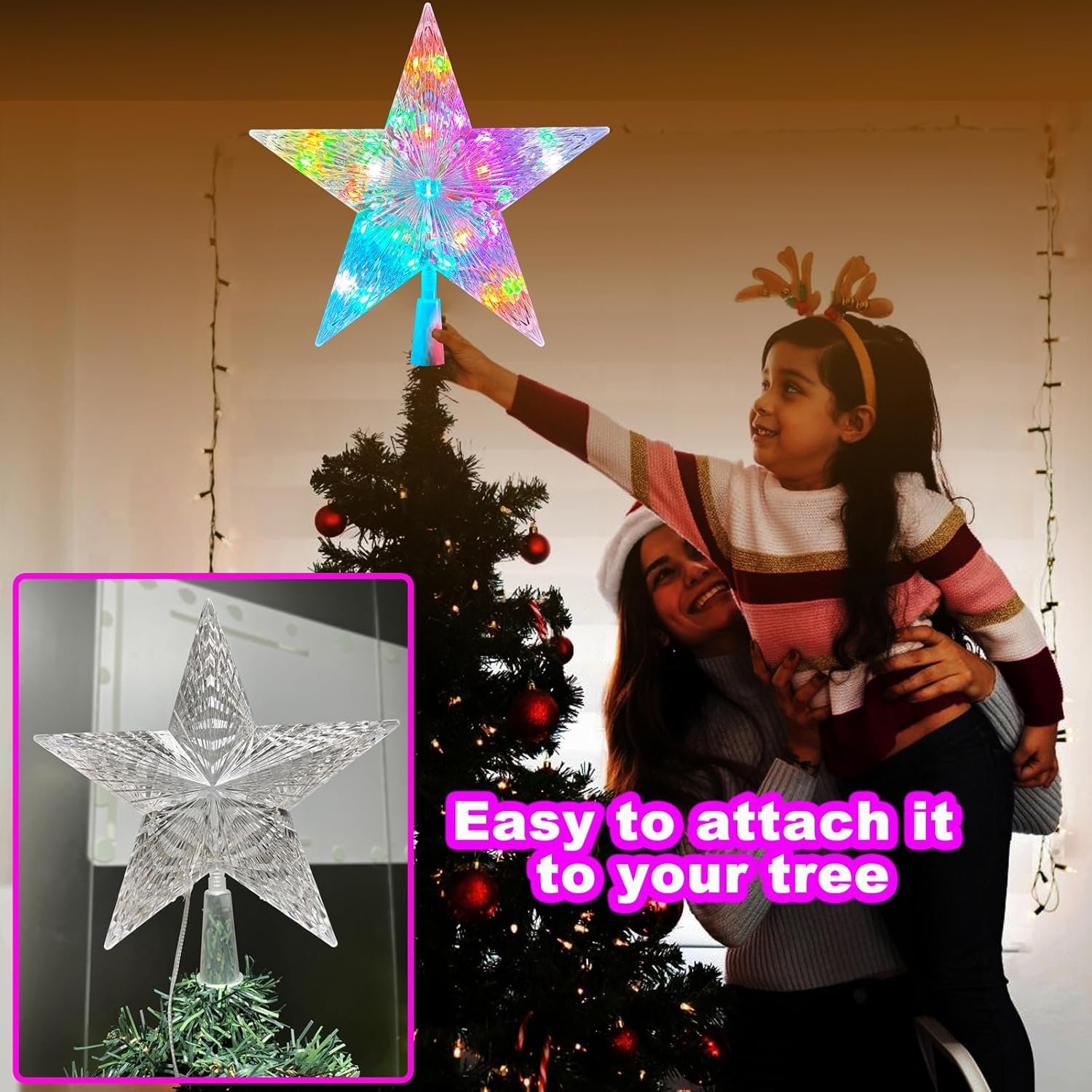 9" Christmas Tree Topper Star, RGB LED Lighted Star Tree Topper w/Remote Control, 128 Light Modes, Dimmable, Timer, USB Plug in, Color Changing Treetop for Xmas Holiday Party Gift Decorations - Image 7
