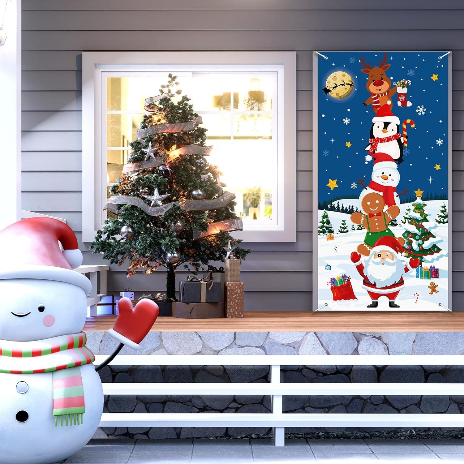 Christmas Door Cover Decoration, Christmas Gingerbread Santa Snowman Front Door Cover Winter Xmas Tree Snowflake Backdrop Banner for Indoor Outdoor Home Classroom Holiday Decor - Image 5