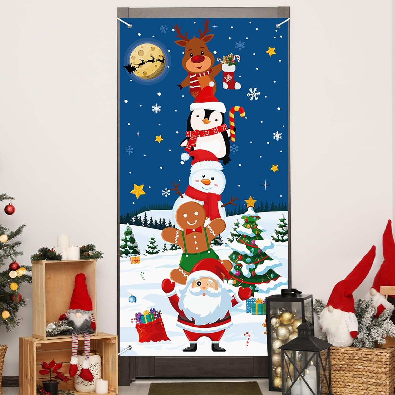 Christmas Door Cover Decoration, Christmas Gingerbread Santa Snowman Front Door Cover Winter Xmas Tree Snowflake Backdrop Banner for Indoor Outdoor Home Classroom Holiday Decor - Image 8
