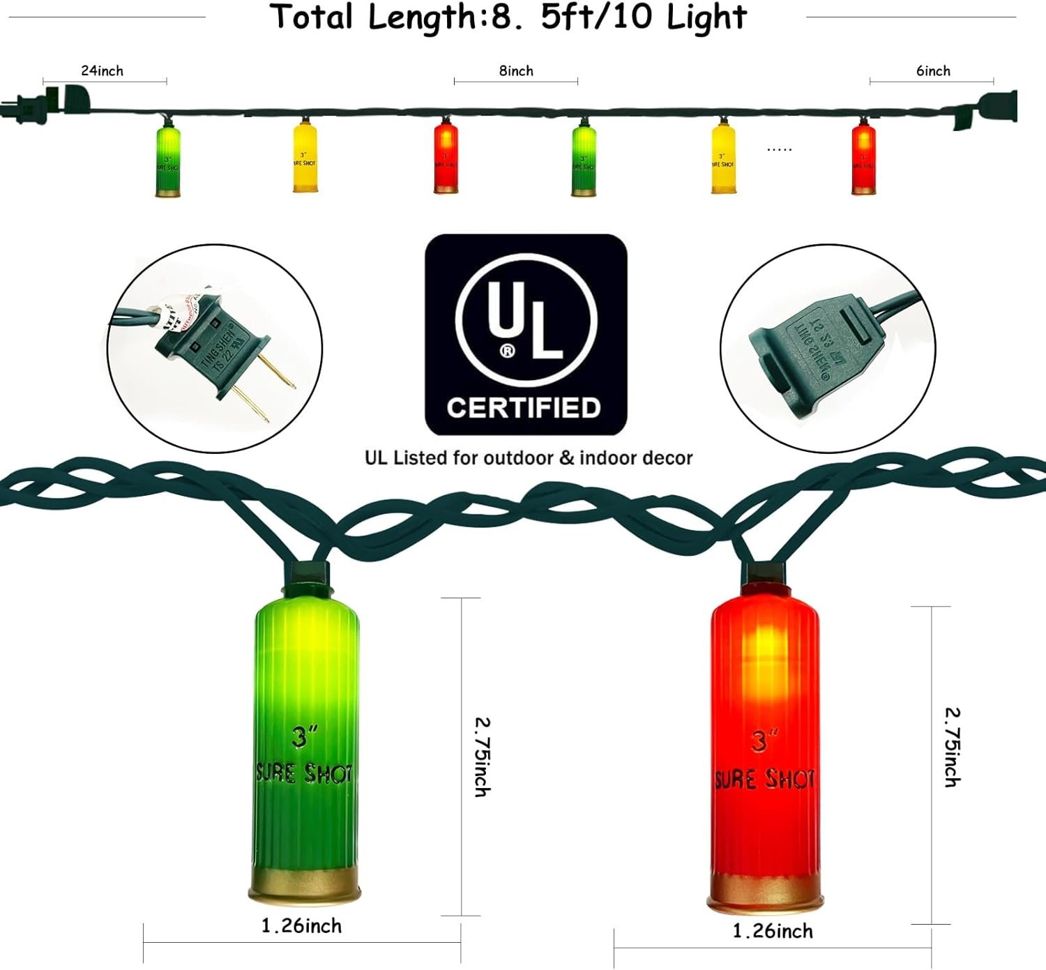 8.5Ft LED Shotgun Hell Christmas Light,Novelty Lights with 10 Pack Triplecolor 3D Bullet Shaped,Colorful Shotgun Hell Lights for Christmas Mexican Summer Holiday Parties Decor - Image 3