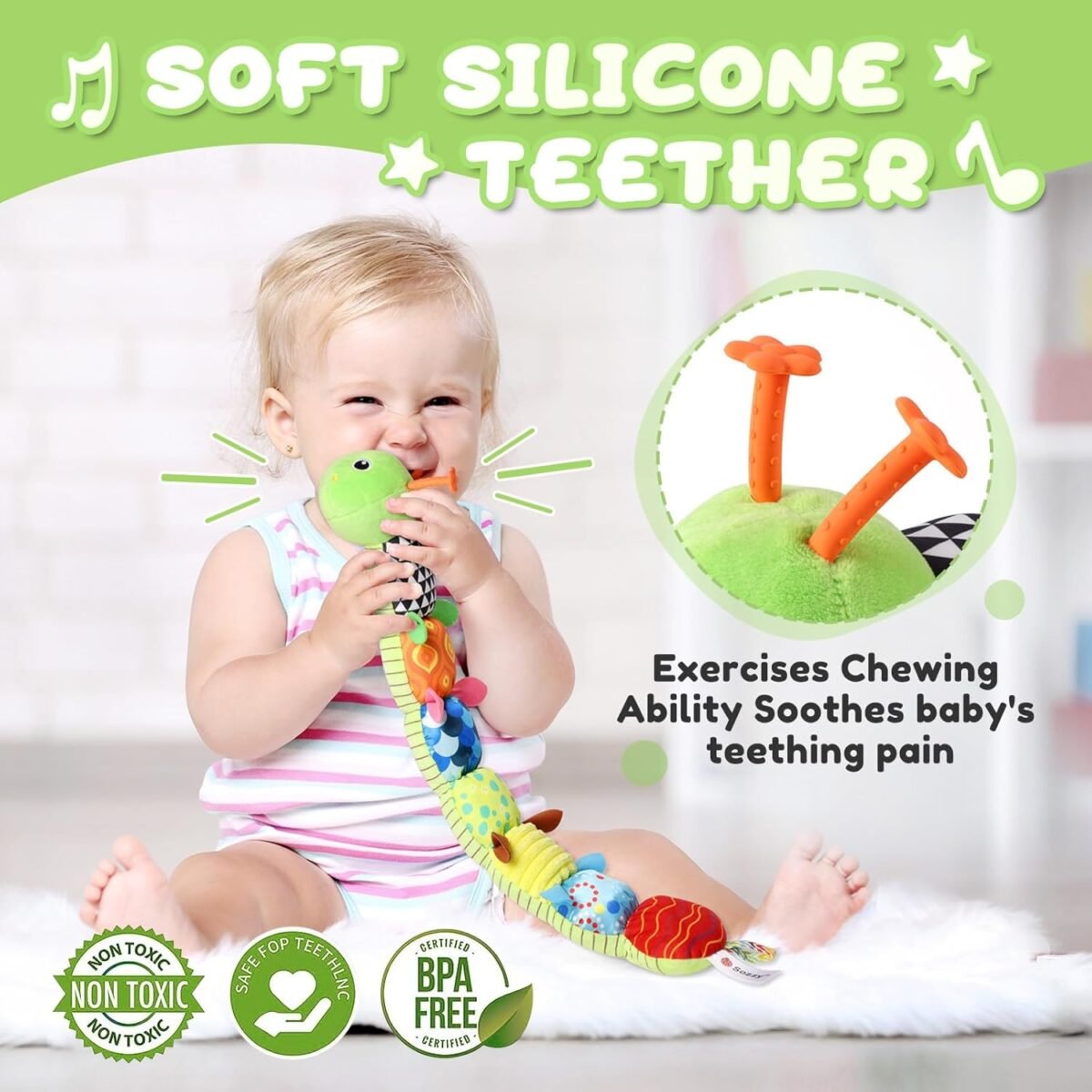 Baby Toys 0 to 12 Months, Musical Stuffed Animal Activity Soft Toys with Multi-Sensory Crinkle, Rattle and Textures, Infant Tummy Time Toys for Newborn Boys Girls, Caterpillar, Green - Image 5
