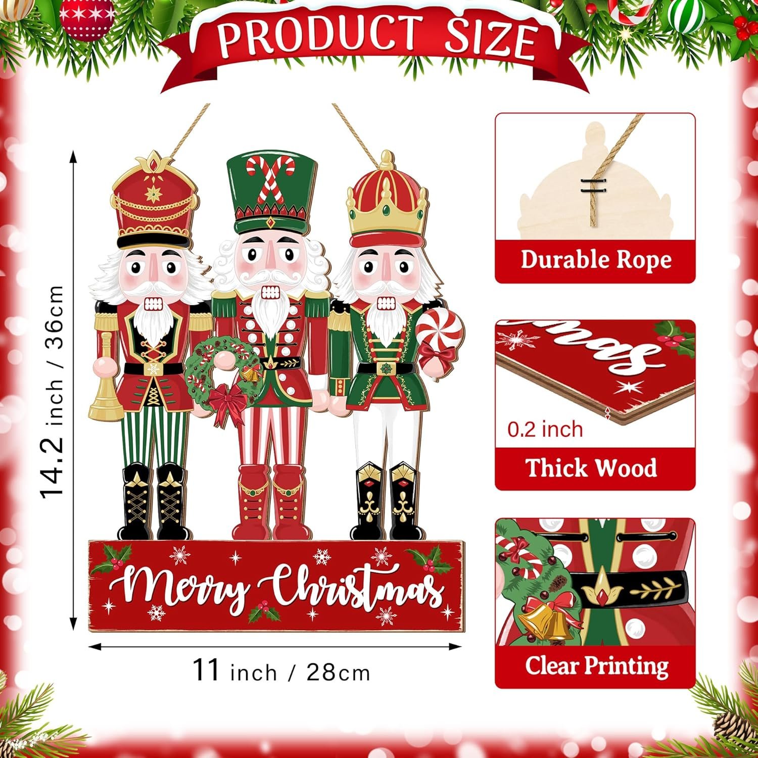 Christmas Nutcracker Door Decorations Hanging Sign, Merry Christmas Front Door Decor, Christmas Wooden Wreath Ornaments for Home Outdoor Indoor Wall Christmas Tree Xmas Holiday Party - Image 3