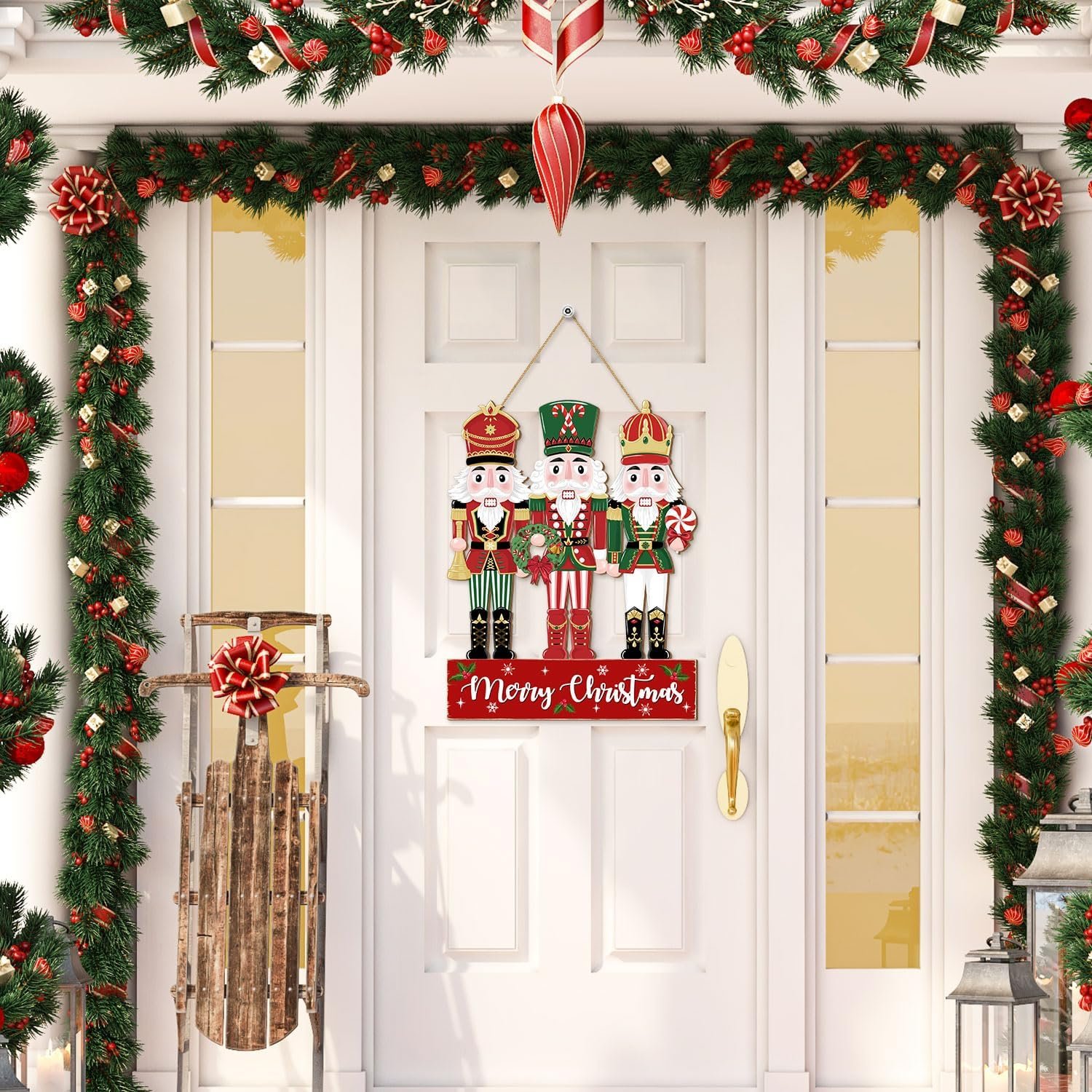 Christmas Nutcracker Door Decorations Hanging Sign, Merry Christmas Front Door Decor, Christmas Wooden Wreath Ornaments for Home Outdoor Indoor Wall Christmas Tree Xmas Holiday Party - Image 5