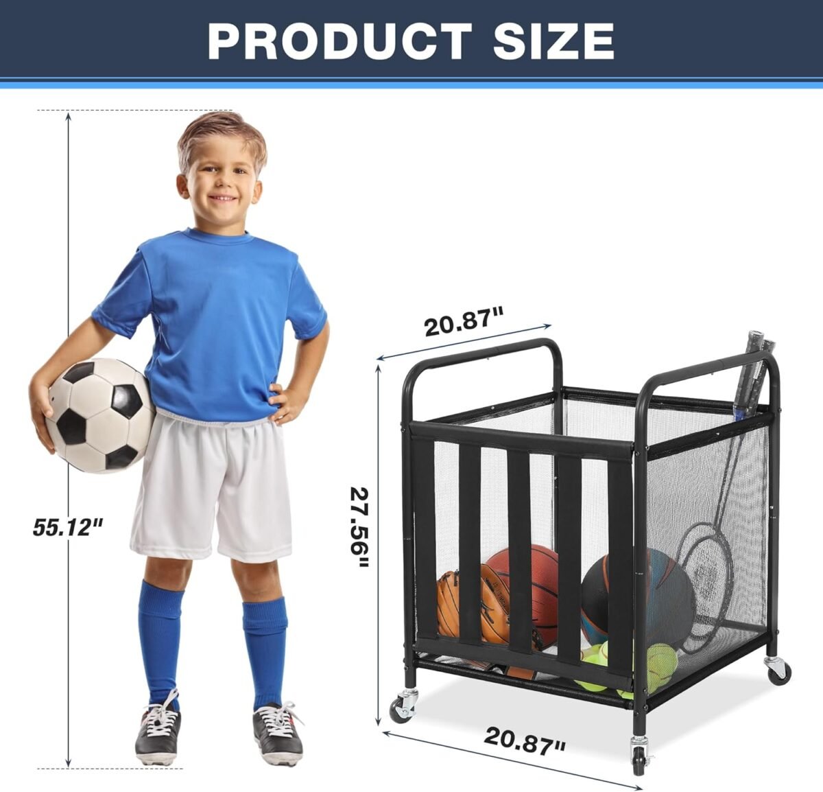 STO STO Rolling Sports Ball Storage Cart, Lockable Basketball Cage with Elastic Straps, Sport Equipment Holder Organizer for Indoor Outdoor, Steel Storage Rack for Playgroup and Gym - Image 4