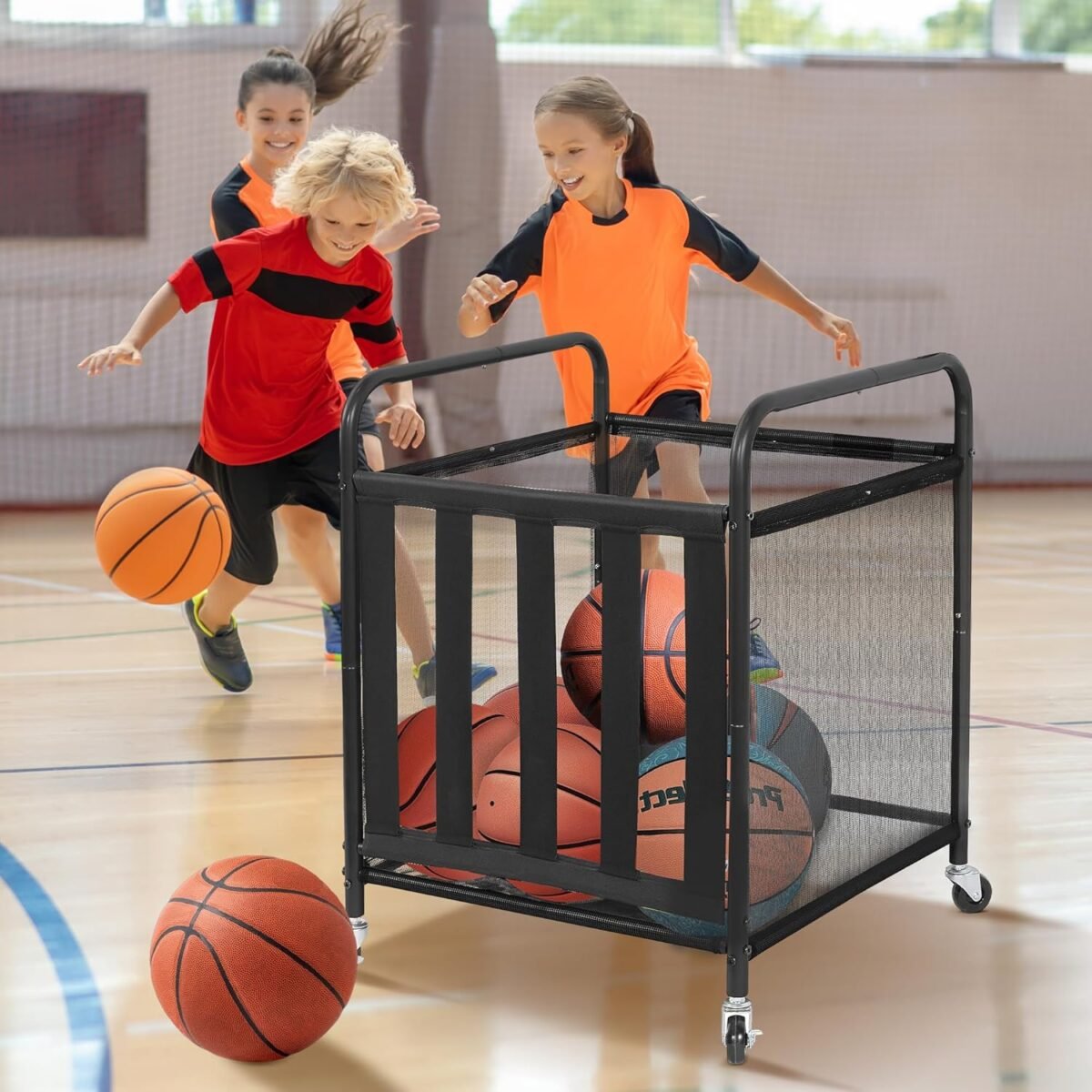 STO STO Rolling Sports Ball Storage Cart, Lockable Basketball Cage with Elastic Straps, Sport Equipment Holder Organizer for Indoor Outdoor, Steel Storage Rack for Playgroup and Gym - Image 5