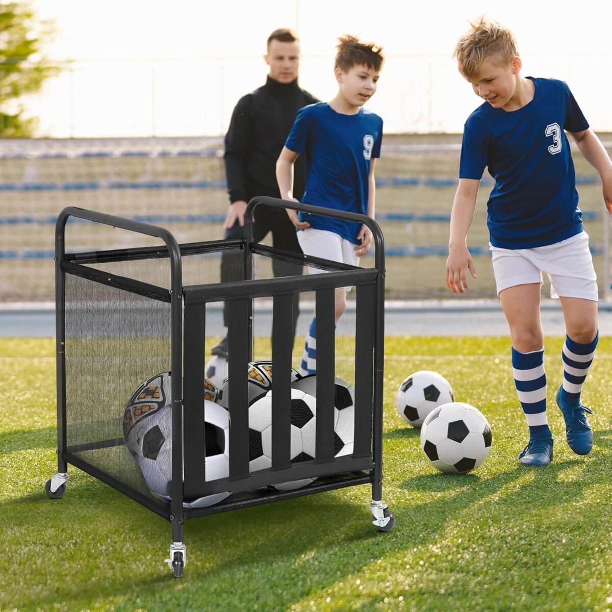 STO STO Rolling Sports Ball Storage Cart, Lockable Basketball Cage with Elastic Straps, Sport Equipment Holder Organizer for Indoor Outdoor, Steel Storage Rack for Playgroup and Gym - Image 6
