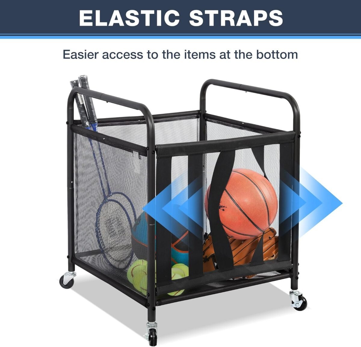STO STO Rolling Sports Ball Storage Cart, Lockable Basketball Cage with Elastic Straps, Sport Equipment Holder Organizer for Indoor Outdoor, Steel Storage Rack for Playgroup and Gym - Image 7