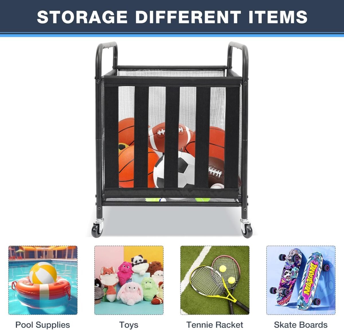 STO STO Rolling Sports Ball Storage Cart, Lockable Basketball Cage with Elastic Straps, Sport Equipment Holder Organizer for Indoor Outdoor, Steel Storage Rack for Playgroup and Gym - Image 9