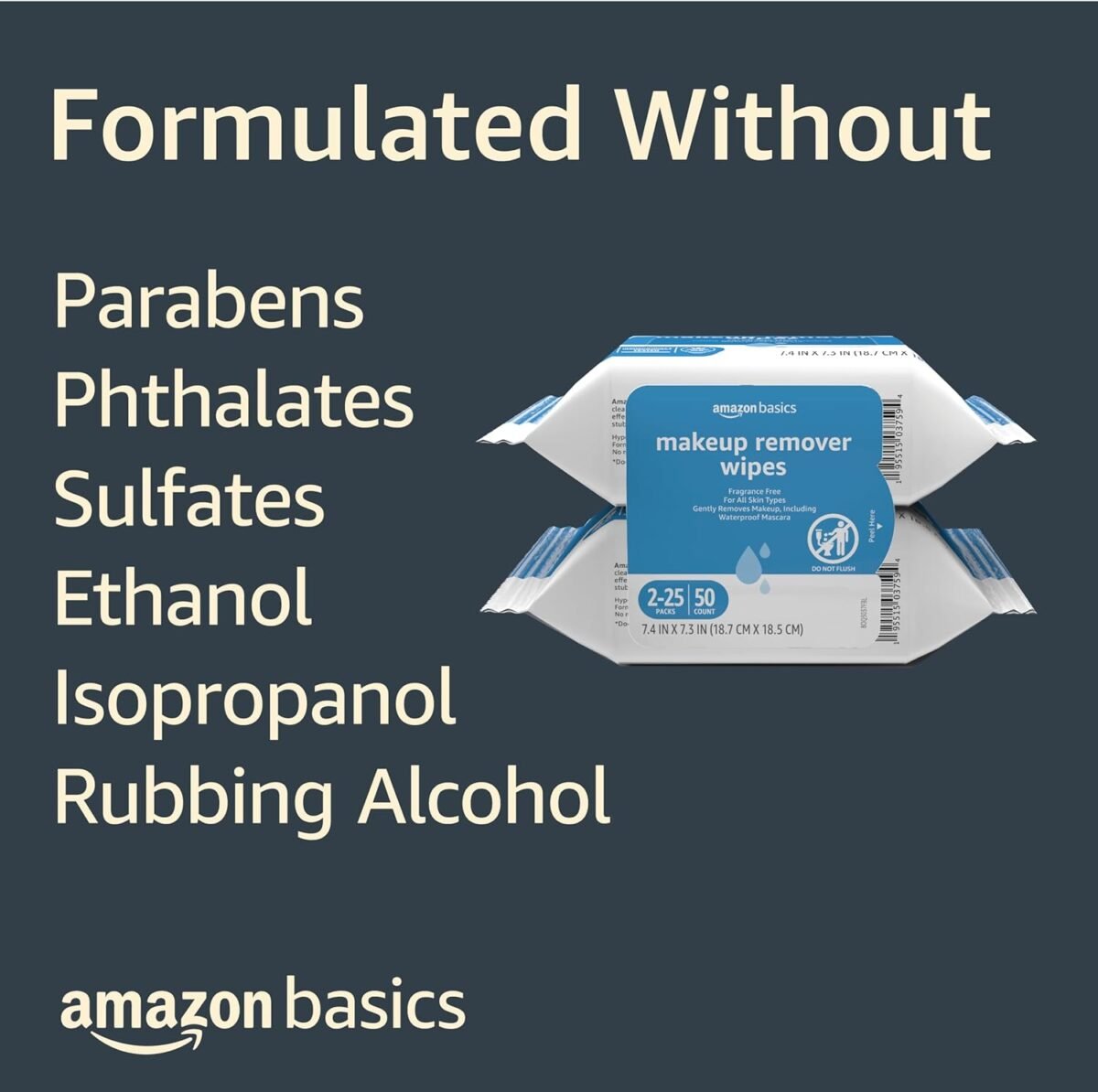 Amazon Basics Makeup Remover Wipes, Fragrance- and Alcohol-Free, Gentle Cleansing, Removes Waterproof Mascara, Dermatologist Tested, 25 Count, Pack of 2 (Previously Solimo) - Image 5