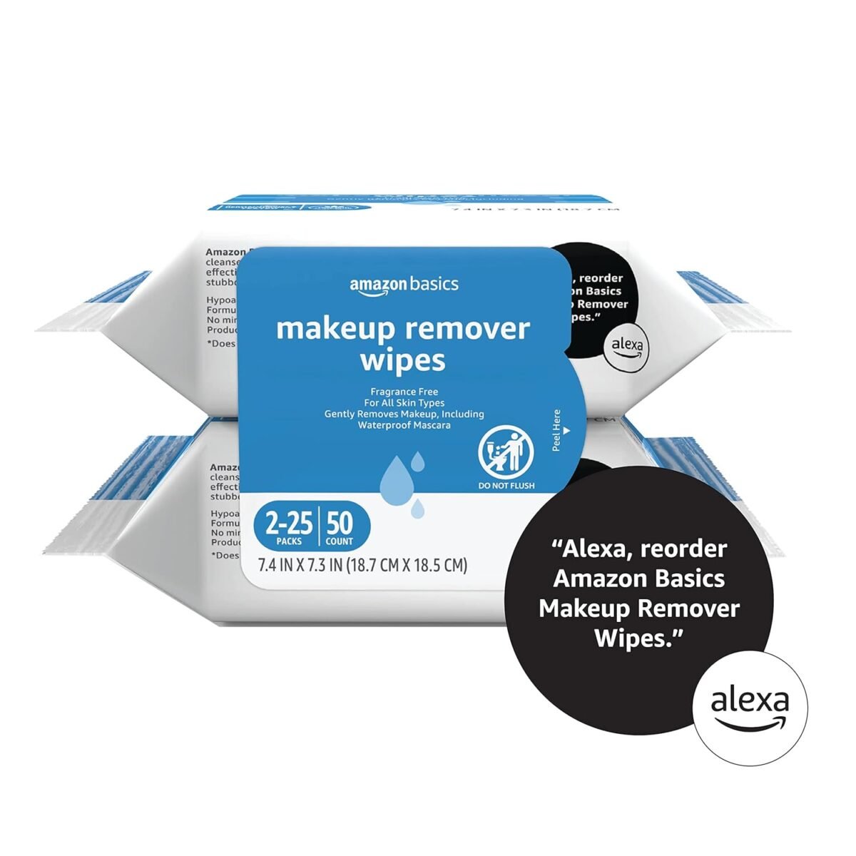 Amazon Basics Makeup Remover Wipes, Fragrance- and Alcohol-Free, Gentle Cleansing, Removes Waterproof Mascara, Dermatologist Tested, 25 Count, Pack of 2 (Previously Solimo) - Image 6
