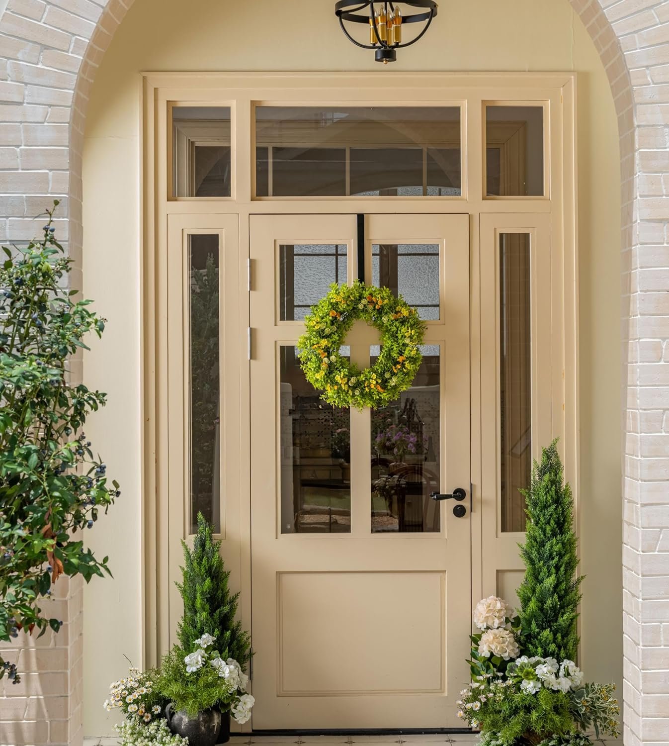 Avoceo Artificial Boxwood Wreath for Front Door - Year-Round Greenery, 21" Summer & Fall Decorative Wreath for Door Decor, Perfect for Farmhouse, Weddings, & Seasonal Décor (C Wildflower) - Image 3