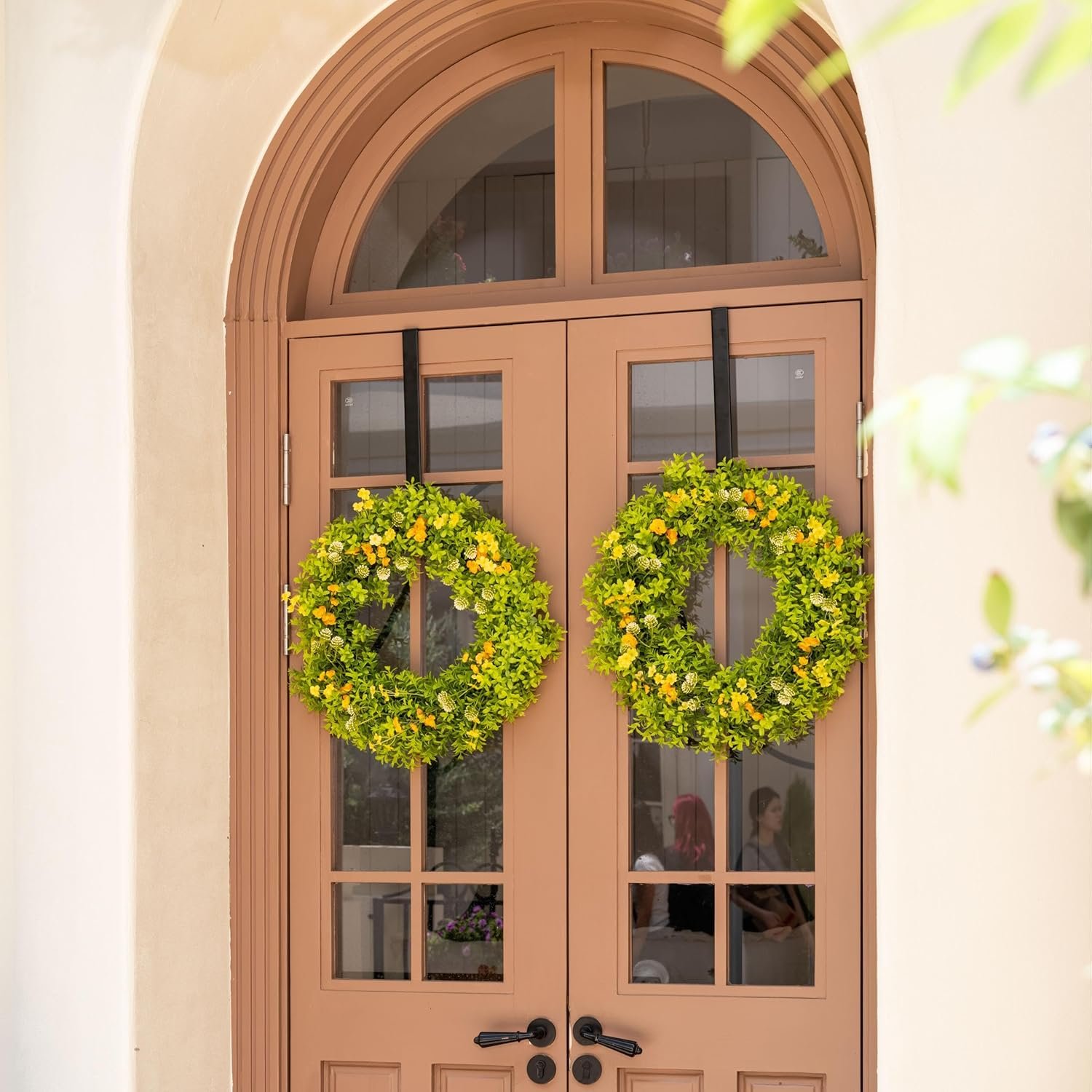Avoceo Artificial Boxwood Wreath for Front Door - Year-Round Greenery, 21" Summer & Fall Decorative Wreath for Door Decor, Perfect for Farmhouse, Weddings, & Seasonal Décor (C Wildflower) - Image 4