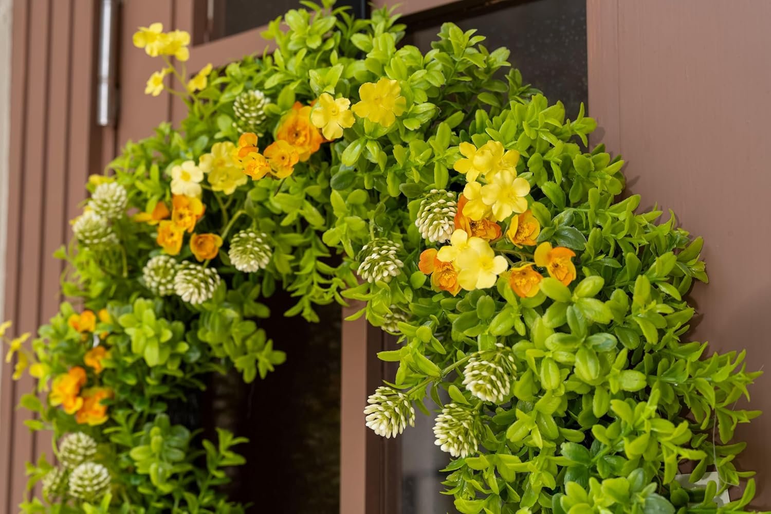 Avoceo Artificial Boxwood Wreath for Front Door - Year-Round Greenery, 21" Summer & Fall Decorative Wreath for Door Decor, Perfect for Farmhouse, Weddings, & Seasonal Décor (C Wildflower) - Image 5